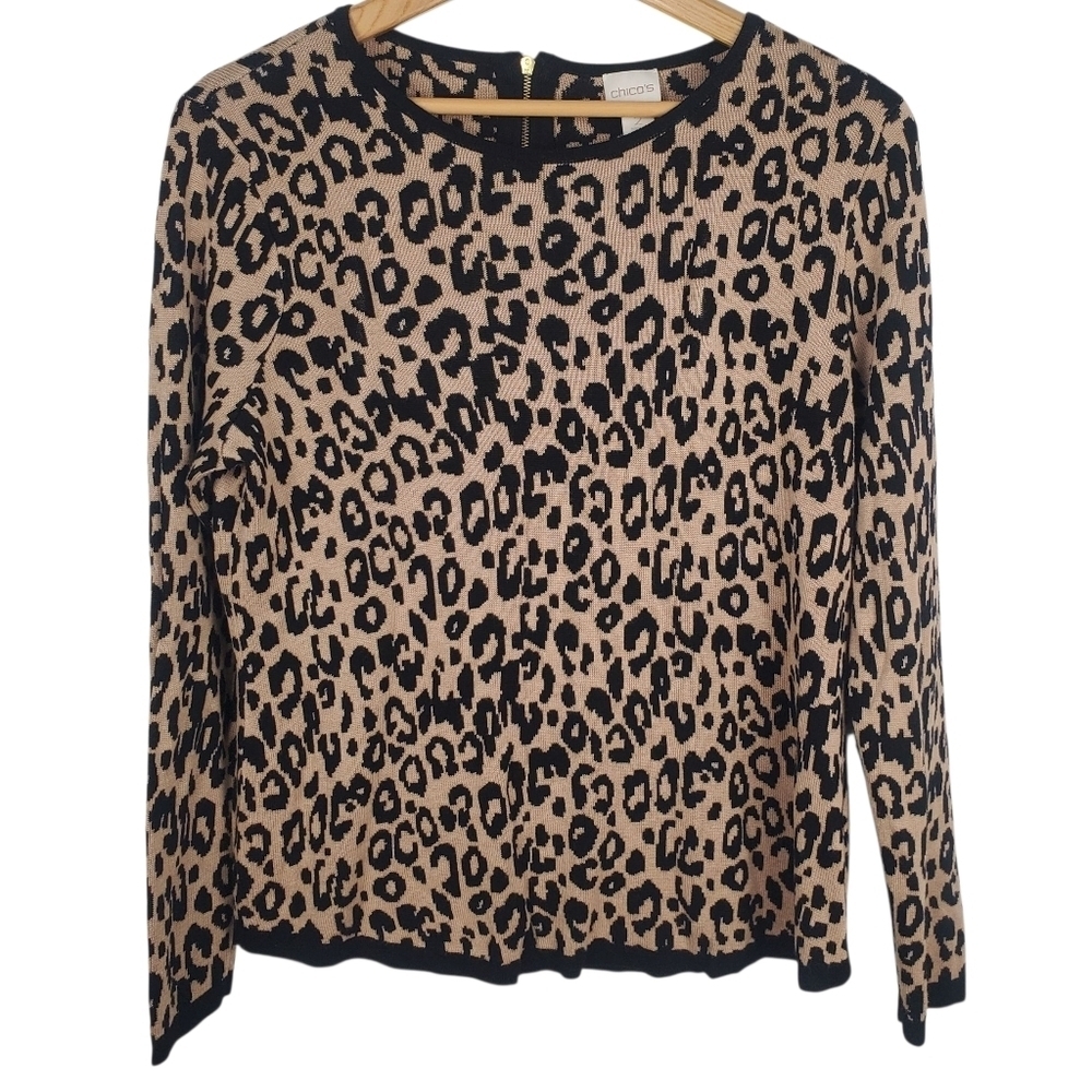 Chico's Animal Print Crew Neck Sweater - Black and Tan. LG. #0196